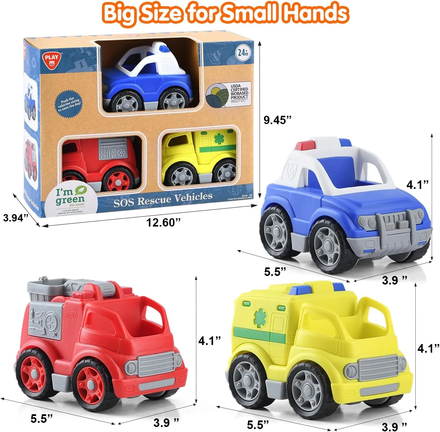 PLAY Eco-Friendly 3 in 1 Emergency Vehicle Toy Set, [USDA Certified] No BPA/Phthalate/PVC, Recycled Bioplastic Rescue Vehicle with Fire Truck, Police Car & Ambulance Toy