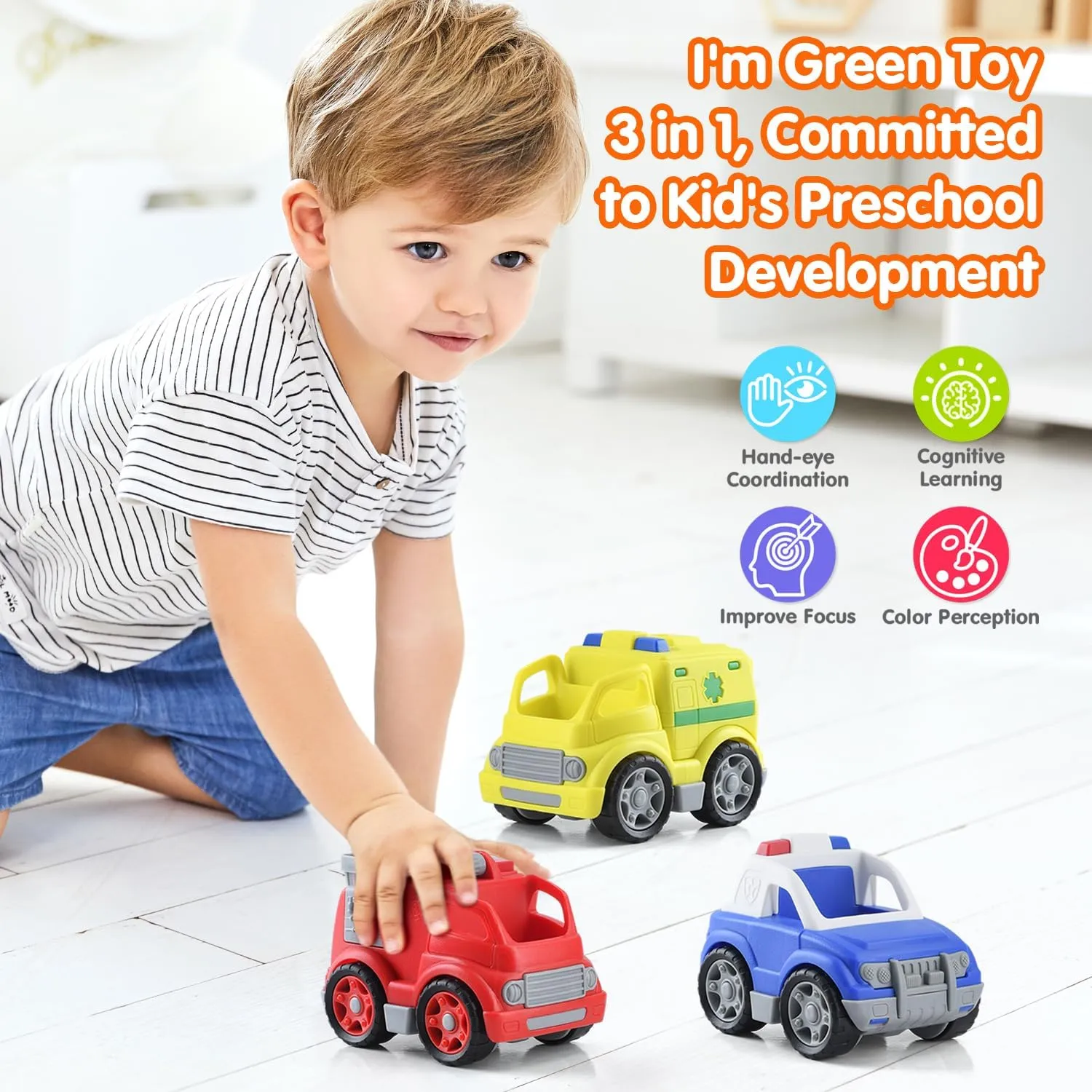 PLAY Eco-Friendly 3 in 1 Emergency Vehicle Toy Set, [USDA Certified] No BPA/Phthalate/PVC, Recycled Bioplastic Rescue Vehicle with Fire Truck, Police Car & Ambulance Toy