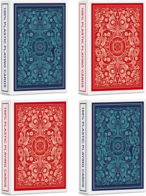 Playing Cards 4 Pack,Plastic Waterproof Playing Cards Bulk for Adults and Seniors,4 Decks of Poker Cards Professional Set, Standard Poker Size Regular Index(2 Blue  2 Red)