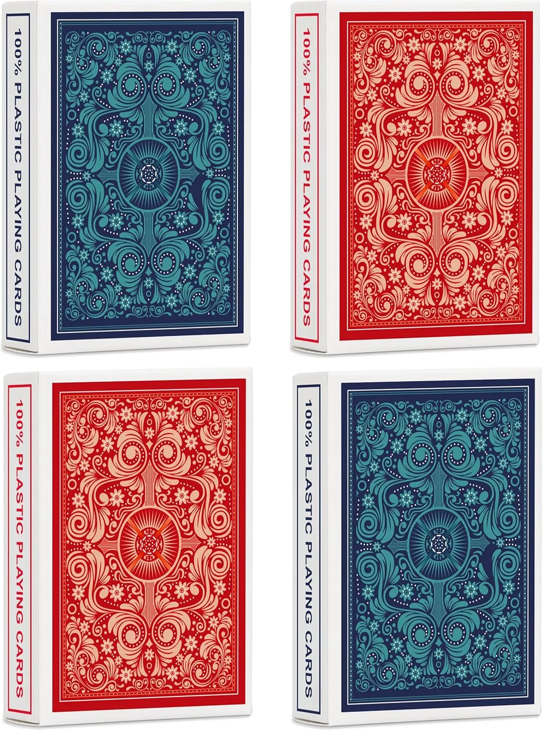Playing Cards 4 Pack,Plastic Waterproof Playing Cards Bulk for Adults and Seniors,4 Decks of Poker Cards Professional Set, Standard Poker Size Regular Index(2 Blue  2 Red)