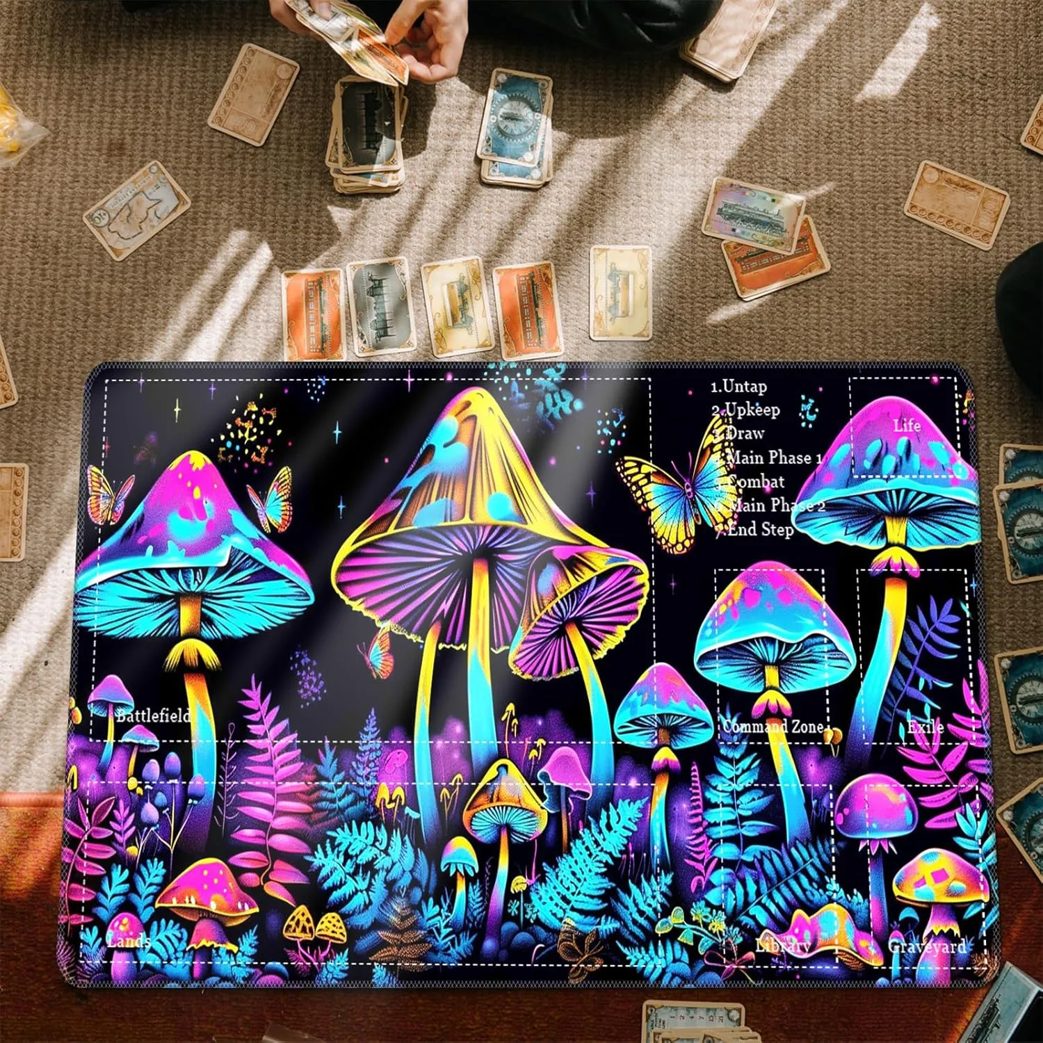 Playmat for MTG Playmat with Zones, 24" x 14" TCG Playmat Ideal for MTG Playmat Game Trading Board, Original Hand-Painted Printing Non-Slip Rubber Bottom & Stitched Edges Mouse Pad, Colorful Mushrooms