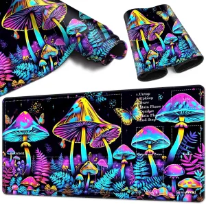 Playmat for MTG Playmat with Zones, 24" x 14" TCG Playmat Ideal for MTG Playmat Game Trading Board, Original Hand-Painted Printing Non-Slip Rubber Bottom & Stitched Edges Mouse Pad, Colorful Mushrooms