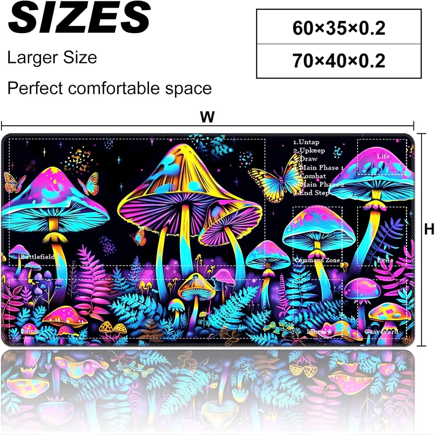Playmat for MTG Playmat with Zones, 24" x 14" TCG Playmat Ideal for MTG Playmat Game Trading Board, Original Hand-Painted Printing Non-Slip Rubber Bottom & Stitched Edges Mouse Pad, Colorful Mushrooms