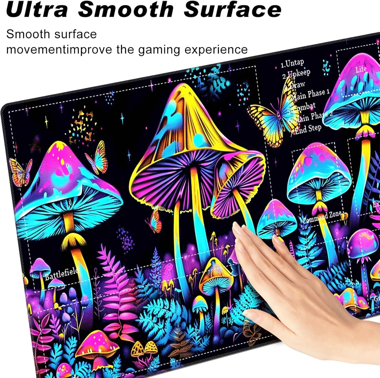 Playmat for MTG Playmat with Zones, 24" x 14" TCG Playmat Ideal for MTG Playmat Game Trading Board, Original Hand-Painted Printing Non-Slip Rubber Bottom & Stitched Edges Mouse Pad, Colorful Mushrooms