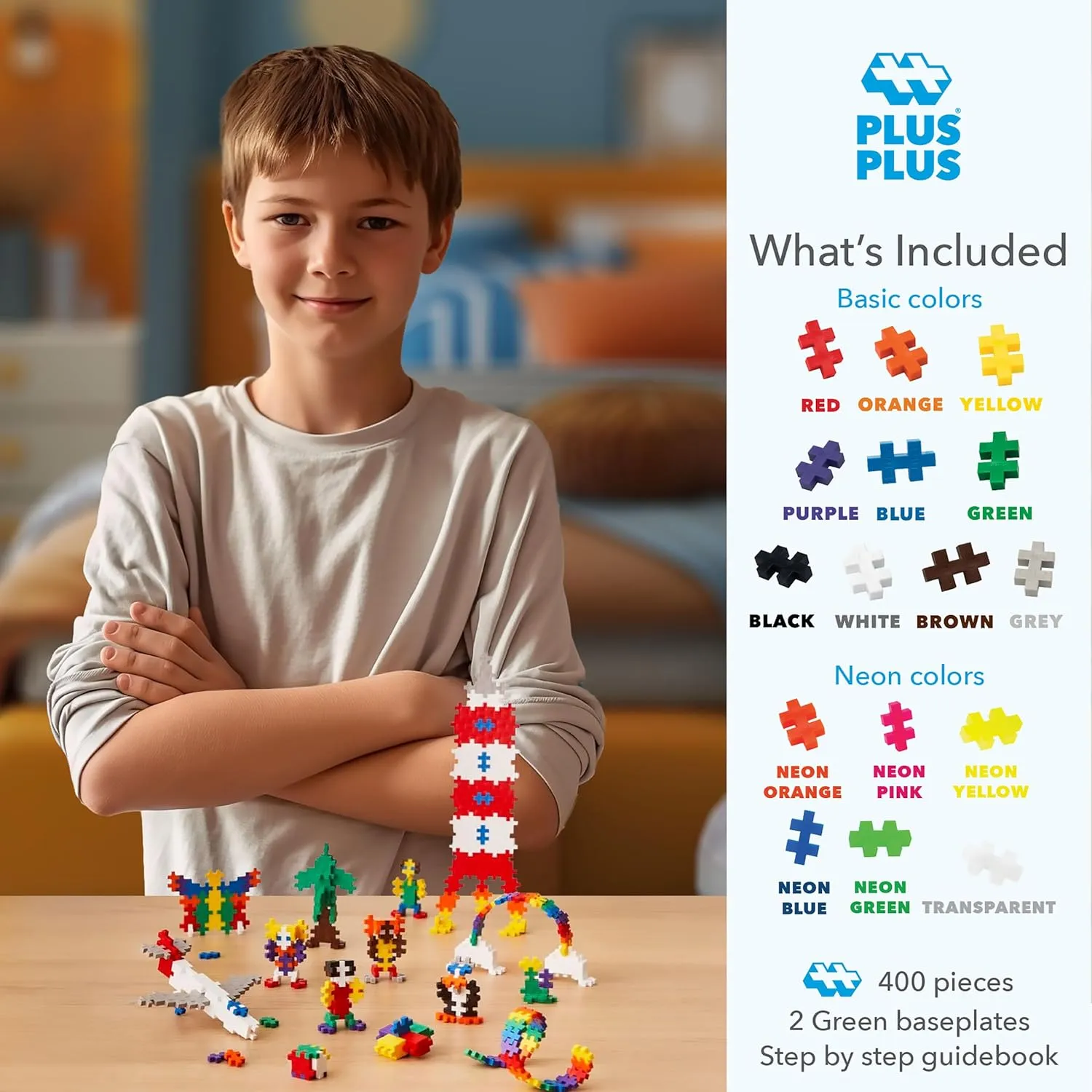 Plus Plus Learn to Build Set, Interlocking Mini Building Blocks, 3D Puzzle Construction Stem Toy for Kids - Basic Mix, 400 Pieces