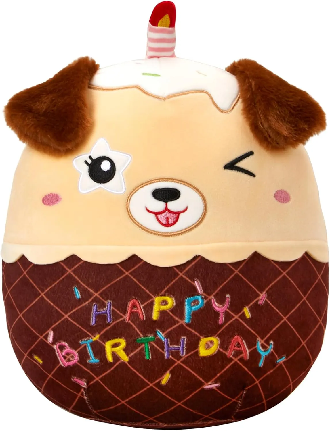 Plush Stuffed Animal Toy, Happy Birthday Cake Shape, Brown, 12 inches