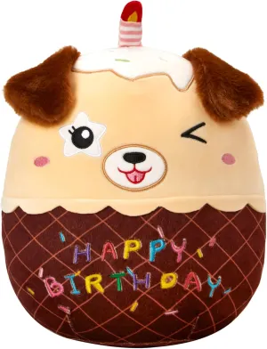 Plush Stuffed Animal Toy, Happy Birthday Cake Shape, Brown, 12 inches
