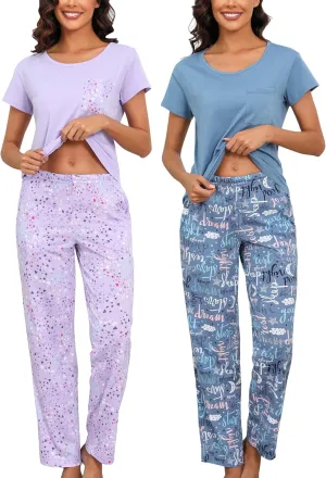 PNAEONG 2 Pack: Womens Pajama Sets Cotton Pajama Sets for Women 2 piece Short & Long Sleeve Top with Pants pj sets
