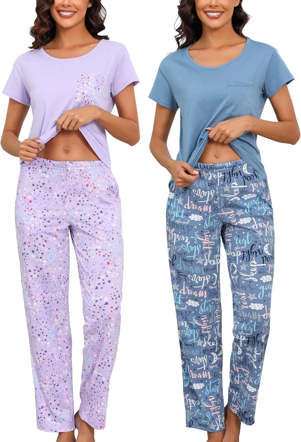 PNAEONG 2 Pack: Womens Pajama Sets Cotton Pajama Sets for Women 2 piece Short & Long Sleeve Top with Pants pj sets