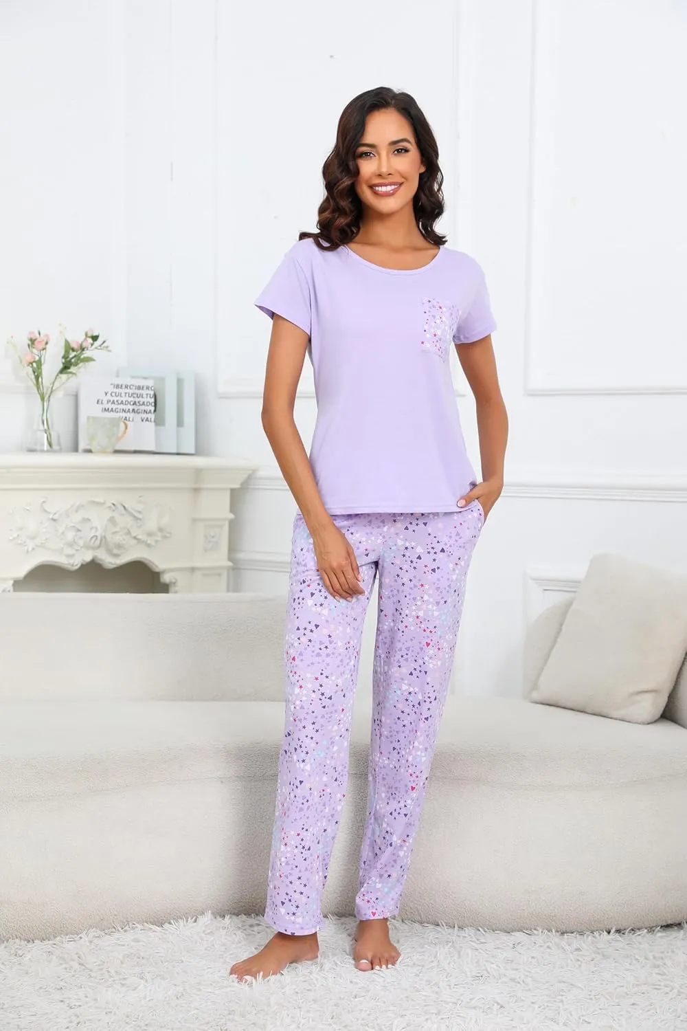 PNAEONG 2 Pack: Womens Pajama Sets Cotton Pajama Sets for Women 2 piece Short & Long Sleeve Top with Pants pj sets