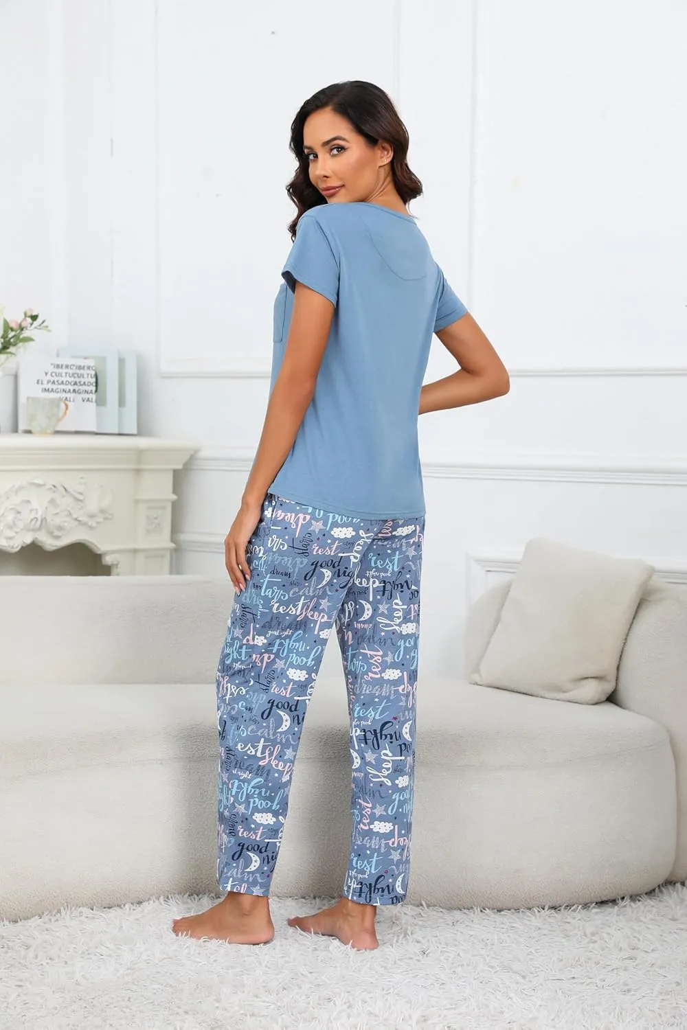 PNAEONG 2 Pack: Womens Pajama Sets Cotton Pajama Sets for Women 2 piece Short & Long Sleeve Top with Pants pj sets