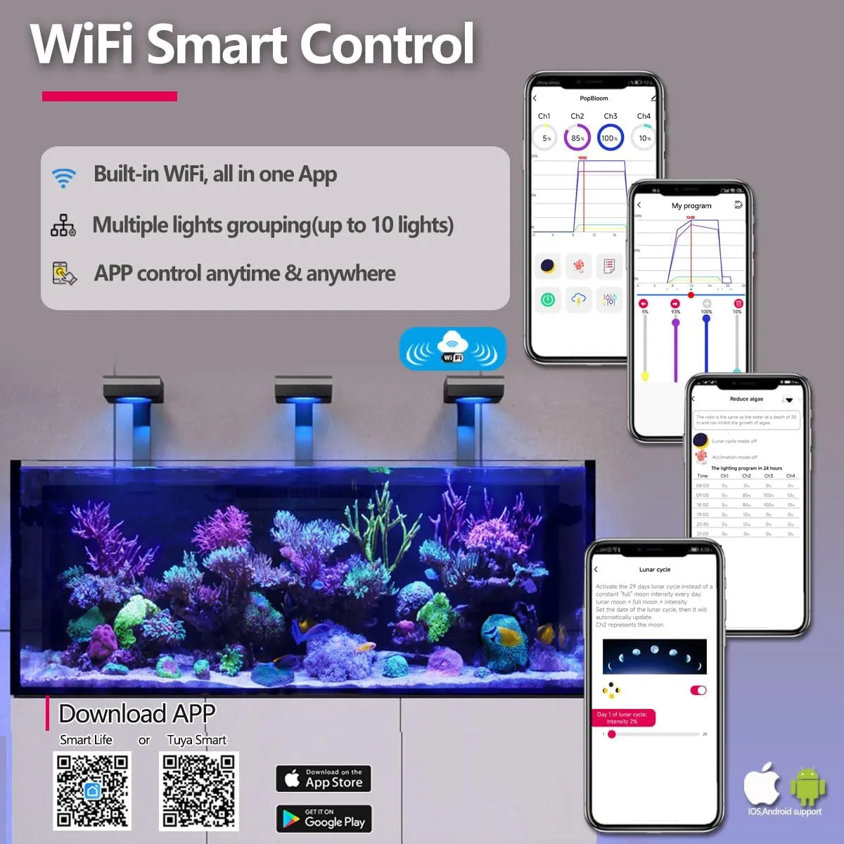 PopBloom RL90 WiFi LED Aquarium Light 100w, Full Spectrum Marine Aquarium Light for SPS/LPS Coral Reef Growing Saltwater Fish Tanks (1 Light with Hang Kit)
