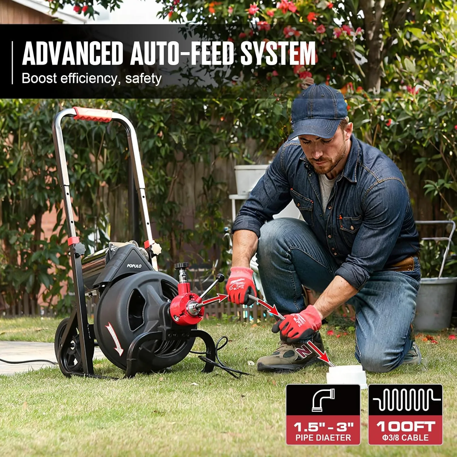 POPULO 100FT Electric Sewer Snake - 700W Automatic Plumbing Tool with 8 Attachments & Gloves,remove blockages in 1.5"-3" pipes indoors and outdoors, such as toilets and kitchens