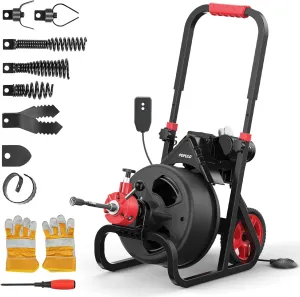 POPULO 100FT Electric Sewer Snake - 700W Automatic Plumbing Tool with 8 Attachments & Gloves,remove blockages in 1.5"-3" pipes indoors and outdoors, such as toilets and kitchens