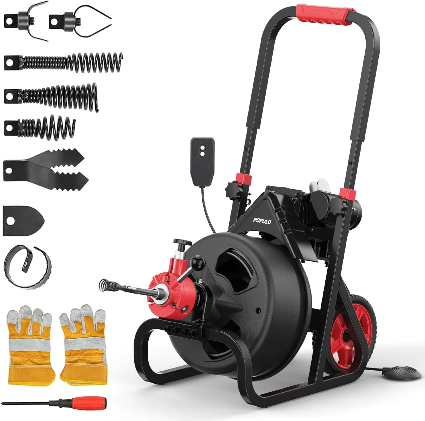 POPULO 100FT Electric Sewer Snake - 700W Automatic Plumbing Tool with 8 Attachments & Gloves,remove blockages in 1.5"-3" pipes indoors and outdoors, such as toilets and kitchens