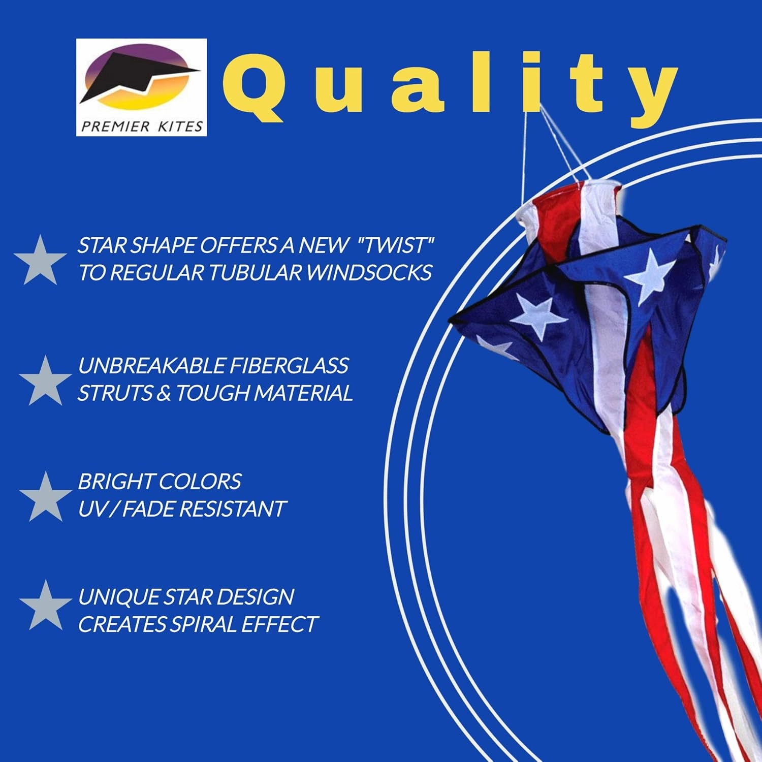 Premier Kites Patriotic Star Twister Wind Spinner | American Flag Windsock Spinner for Patriotic Outdoor Decorations | Hanging Wind Spinners for Your Home and A Great Camper Windsock, 42 Inches
