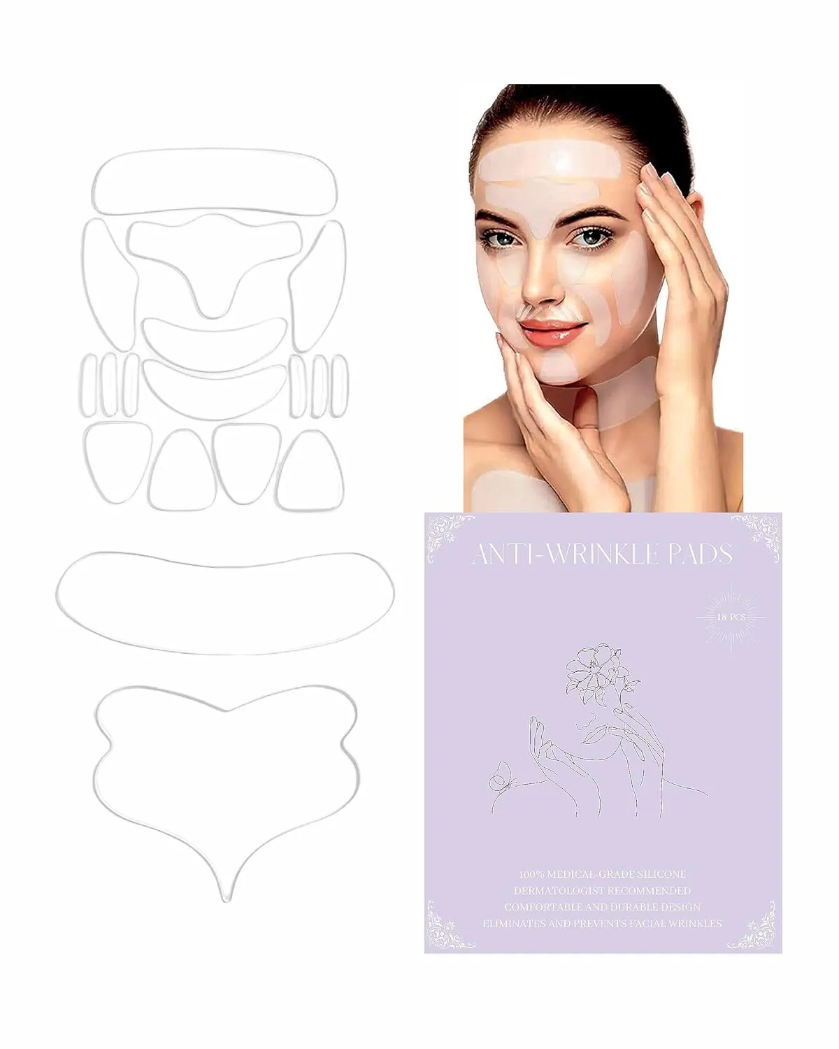 Premium Anti-Wrinkle Pads Set – 100% Medical Grade Silicone Patches for Face, Neck, Forehead, and Chest – 18 Reusable Patches for Unisex Anti-Aging Skincare