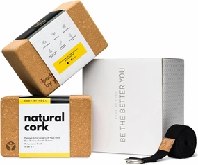 Premium Cork Yoga Blocks 2 Pack - Extra Large Yoga Block Set Crafted From Performance Grade Natural Portuguese Cork | High Density, Non-Slip Support for Safer Balancing | Optional Yoga Strap and Gift Box