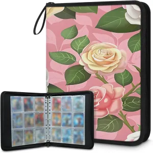 Pretty Roses 3 Ring Trading Zipper Binder Strap, Trading Card Binder 4 Pocket, 400 Pockets Card Holder with 50 Removable Sleeves for Game Cards