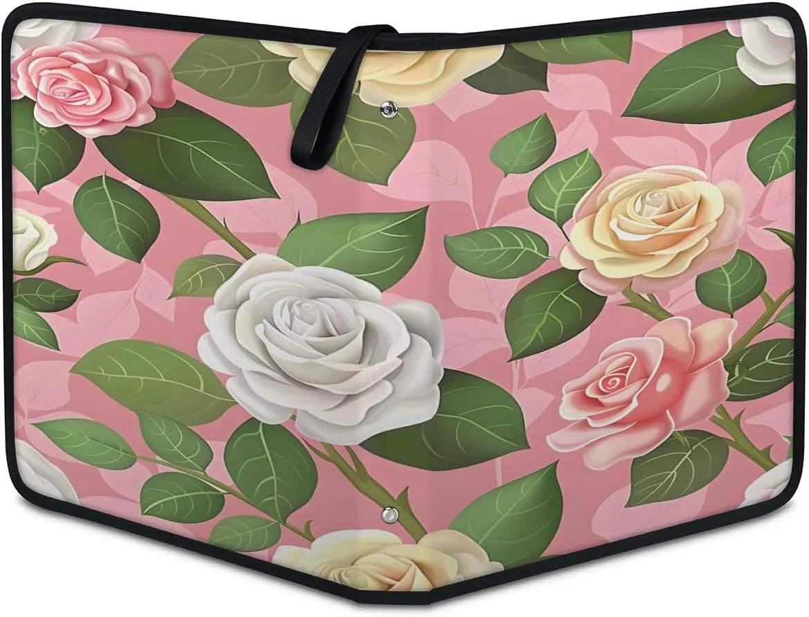 Pretty Roses 3 Ring Trading Zipper Binder Strap, Trading Card Binder 4 Pocket, 400 Pockets Card Holder with 50 Removable Sleeves for Game Cards