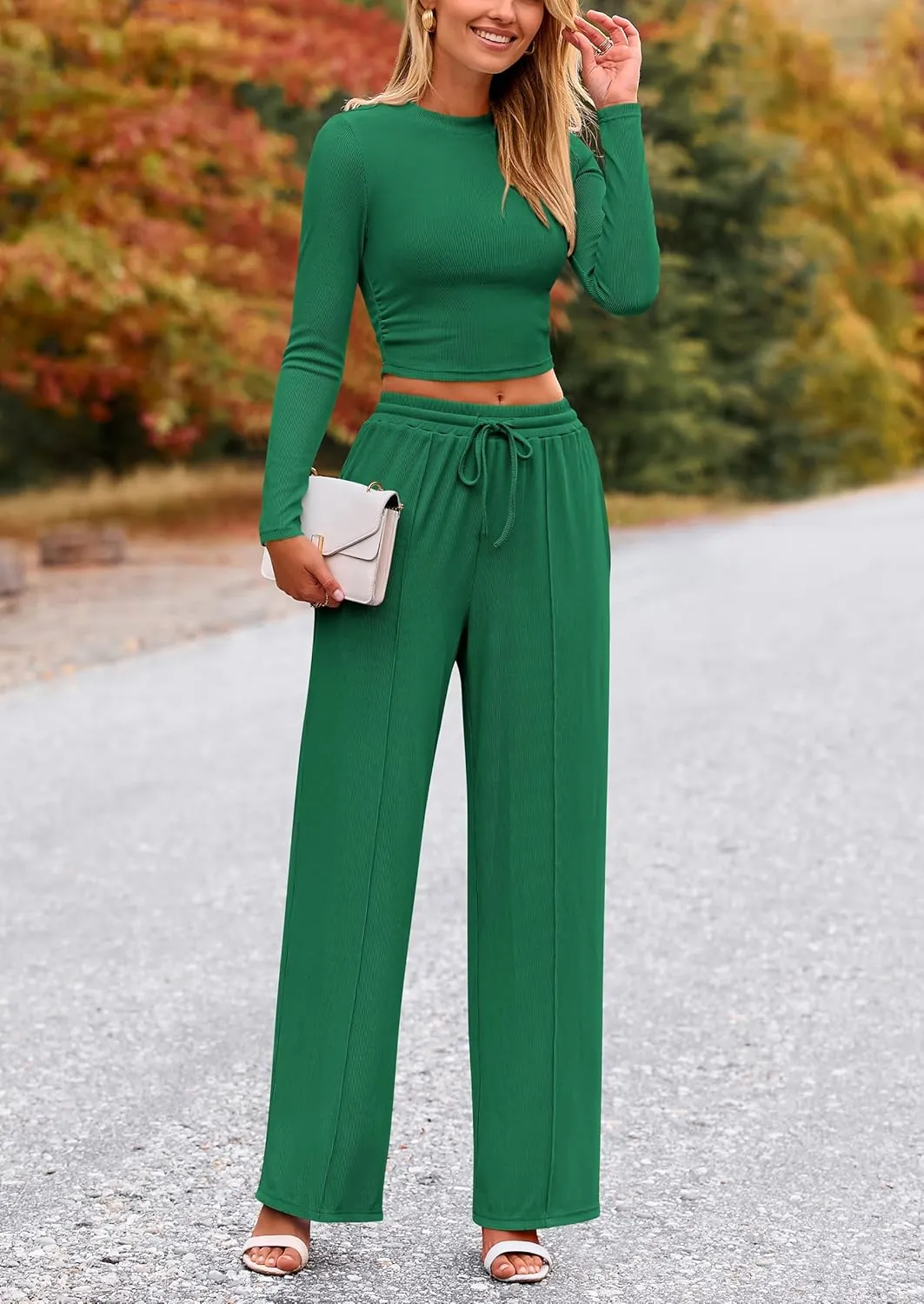 PRETTYGARDEN Women's 2 Piece Loungewear Long Sleeve Crop Top Wide Leg Palazzo Pants Set Tracksuits Casual Outfit