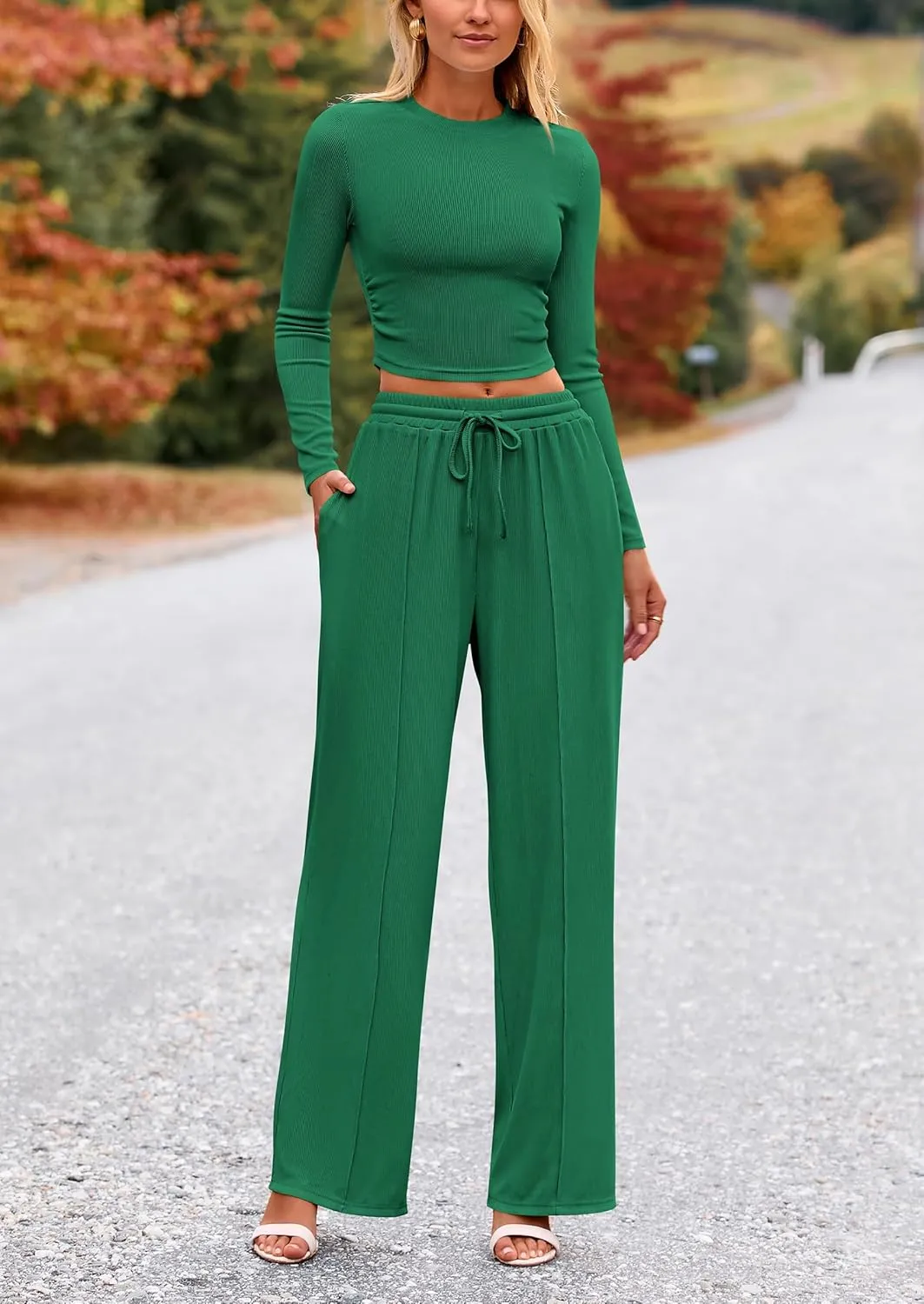 PRETTYGARDEN Women's 2 Piece Loungewear Long Sleeve Crop Top Wide Leg Palazzo Pants Set Tracksuits Casual Outfit