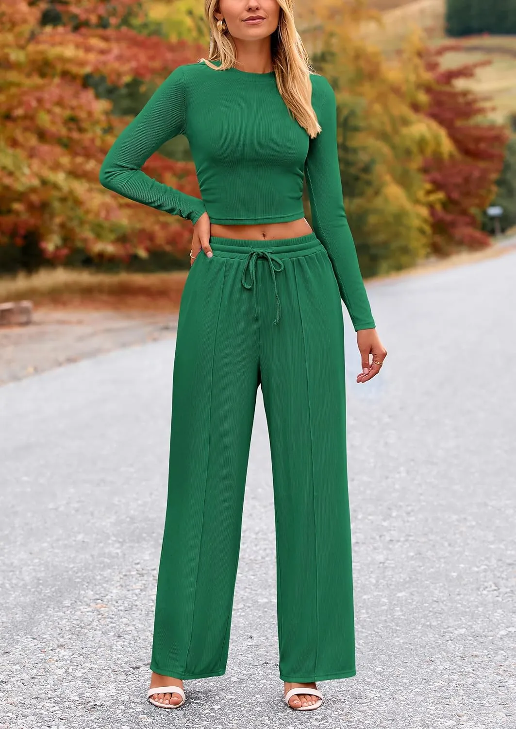 PRETTYGARDEN Women's 2 Piece Loungewear Long Sleeve Crop Top Wide Leg Palazzo Pants Set Tracksuits Casual Outfit