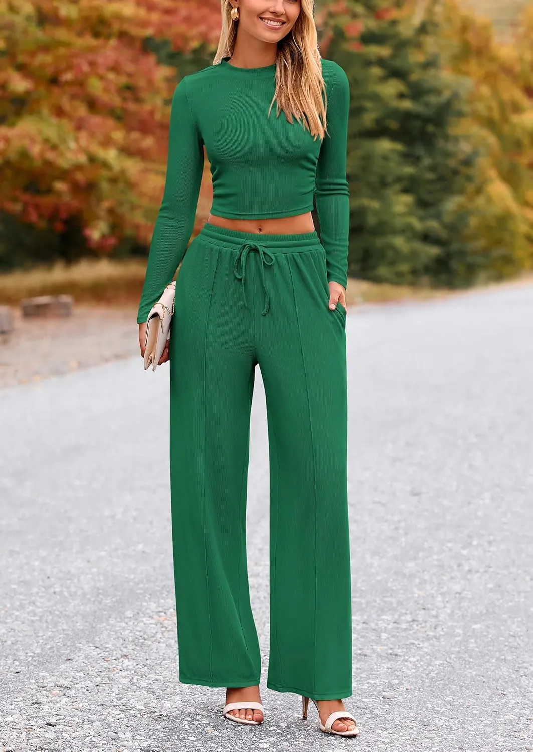 PRETTYGARDEN Women's 2 Piece Loungewear Long Sleeve Crop Top Wide Leg Palazzo Pants Set Tracksuits Casual Outfit
