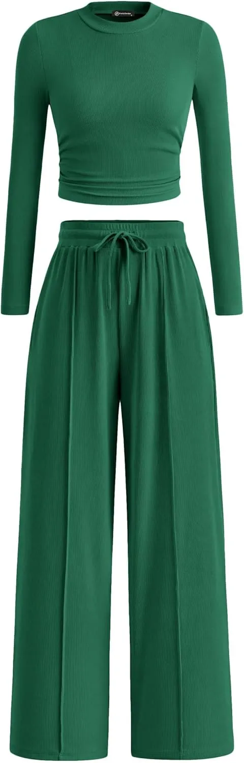 PRETTYGARDEN Women's 2 Piece Loungewear Long Sleeve Crop Top Wide Leg Palazzo Pants Set Tracksuits Casual Outfit
