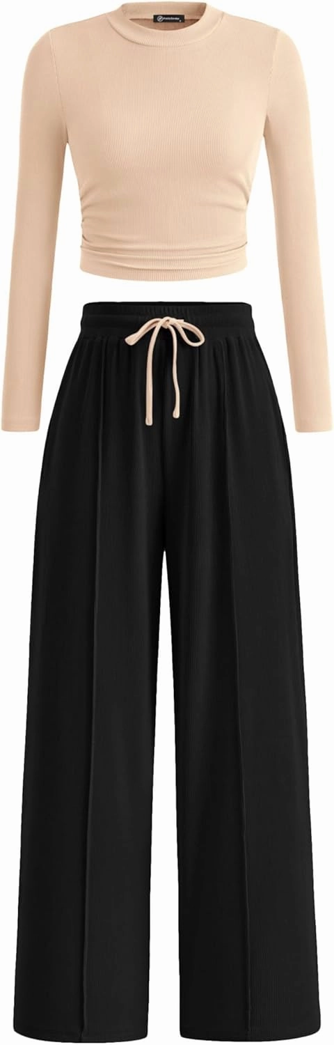 PRETTYGARDEN Women's 2 Piece Loungewear Long Sleeve Crop Top Wide Leg Palazzo Pants Set Tracksuits Casual Outfit