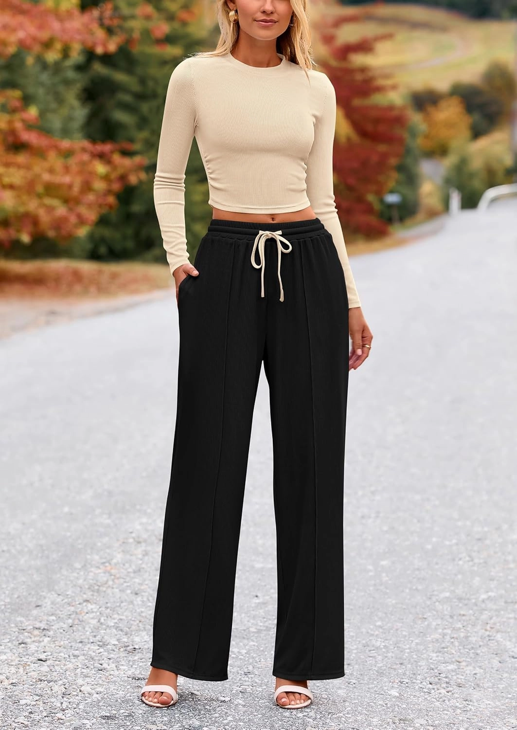 PRETTYGARDEN Women's 2 Piece Loungewear Long Sleeve Crop Top Wide Leg Palazzo Pants Set Tracksuits Casual Outfit