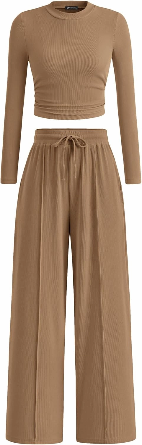 PRETTYGARDEN Women's 2 Piece Loungewear Long Sleeve Crop Top Wide Leg Palazzo Pants Set Tracksuits Casual Outfit