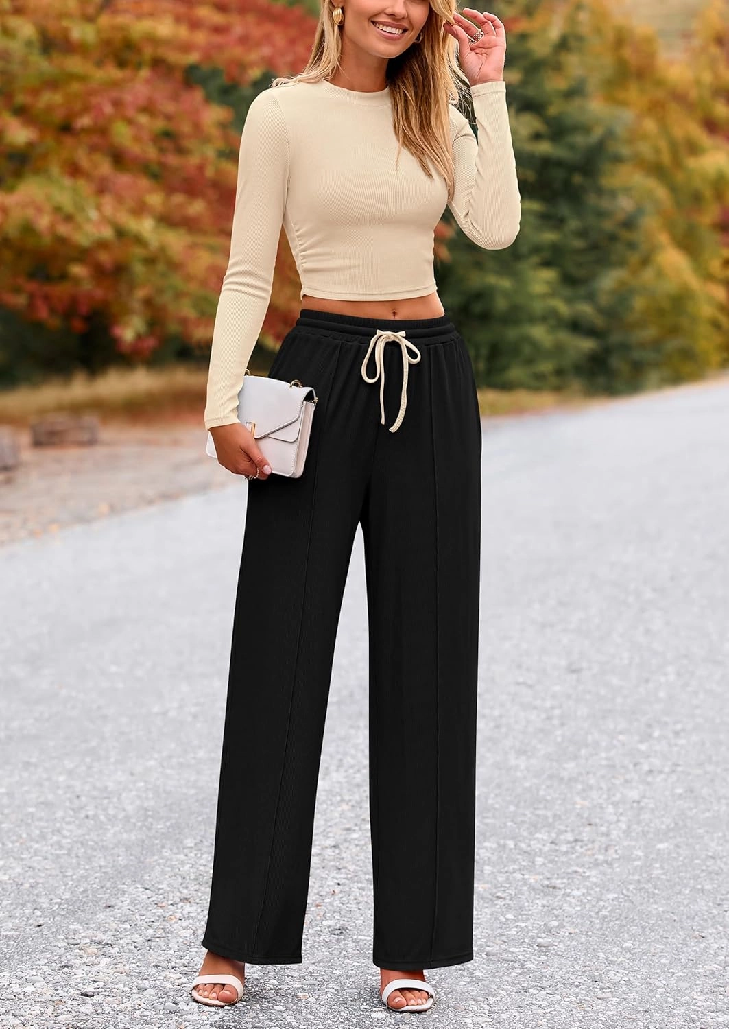 PRETTYGARDEN Women's 2 Piece Loungewear Long Sleeve Crop Top Wide Leg Palazzo Pants Set Tracksuits Casual Outfit