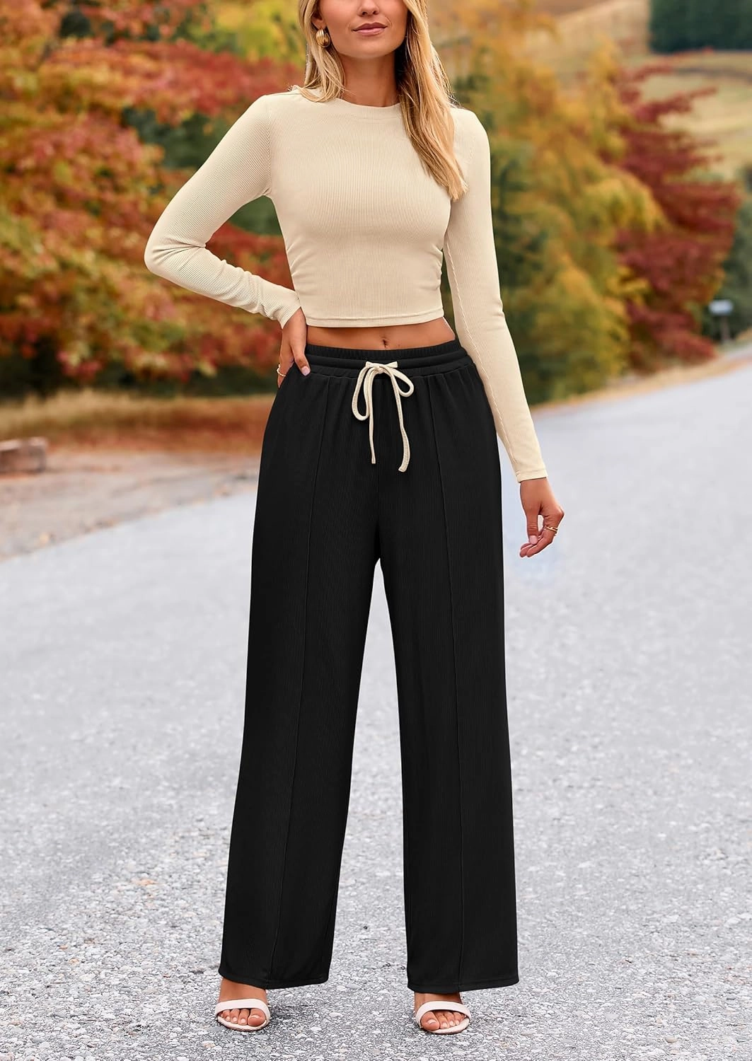 PRETTYGARDEN Women's 2 Piece Loungewear Long Sleeve Crop Top Wide Leg Palazzo Pants Set Tracksuits Casual Outfit