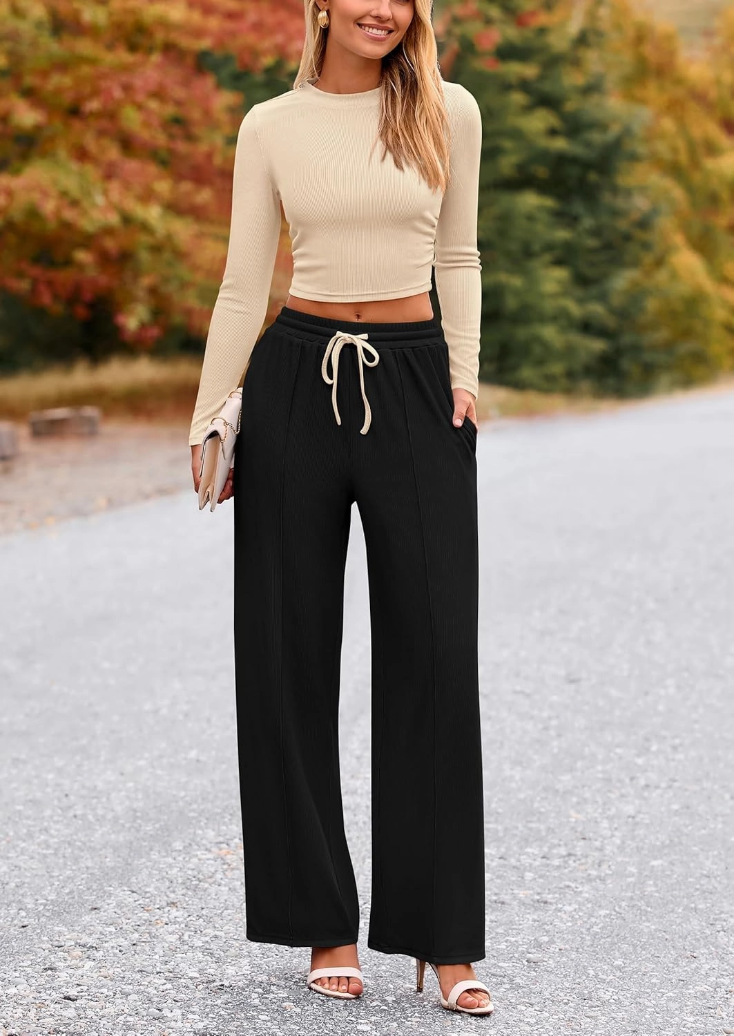 PRETTYGARDEN Women's 2 Piece Loungewear Long Sleeve Crop Top Wide Leg Palazzo Pants Set Tracksuits Casual Outfit