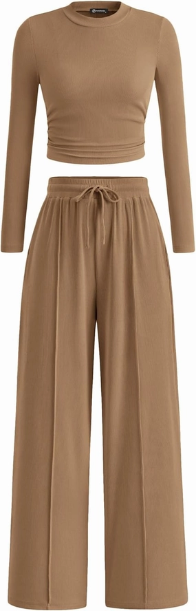 PRETTYGARDEN Women's 2 Piece Loungewear Long Sleeve Crop Top Wide Leg Palazzo Pants Set Tracksuits Casual Outfit