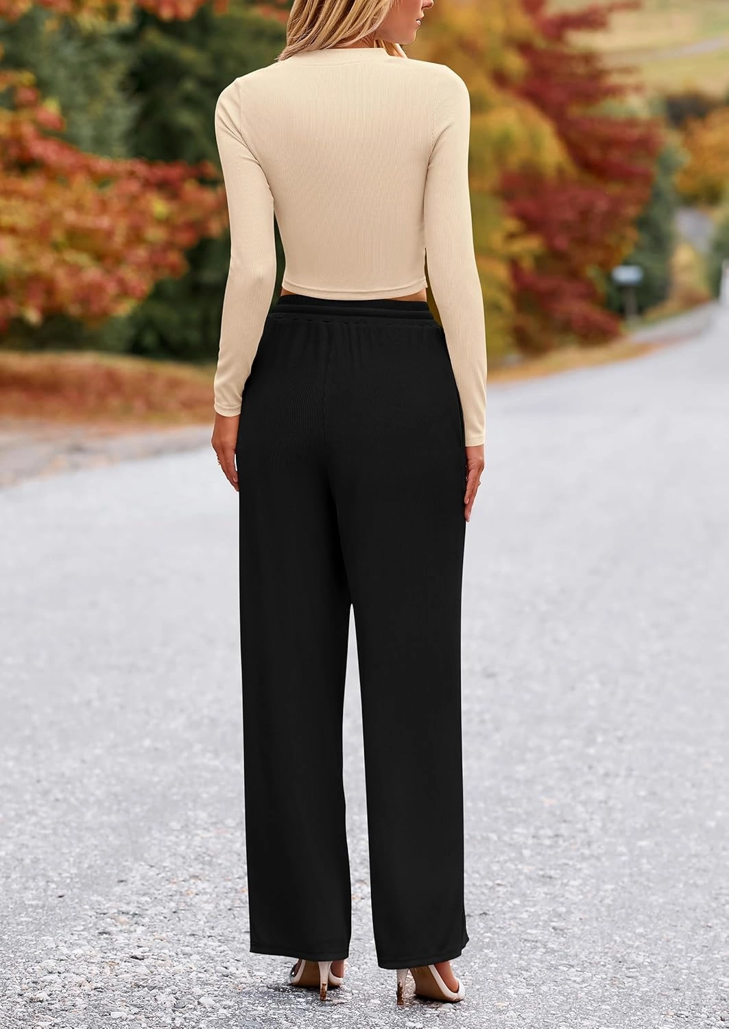 PRETTYGARDEN Women's 2 Piece Loungewear Long Sleeve Crop Top Wide Leg Palazzo Pants Set Tracksuits Casual Outfit