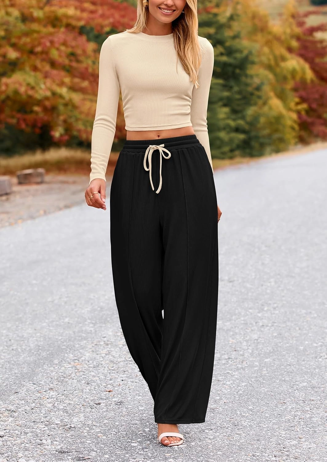 PRETTYGARDEN Women's 2 Piece Loungewear Long Sleeve Crop Top Wide Leg Palazzo Pants Set Tracksuits Casual Outfit