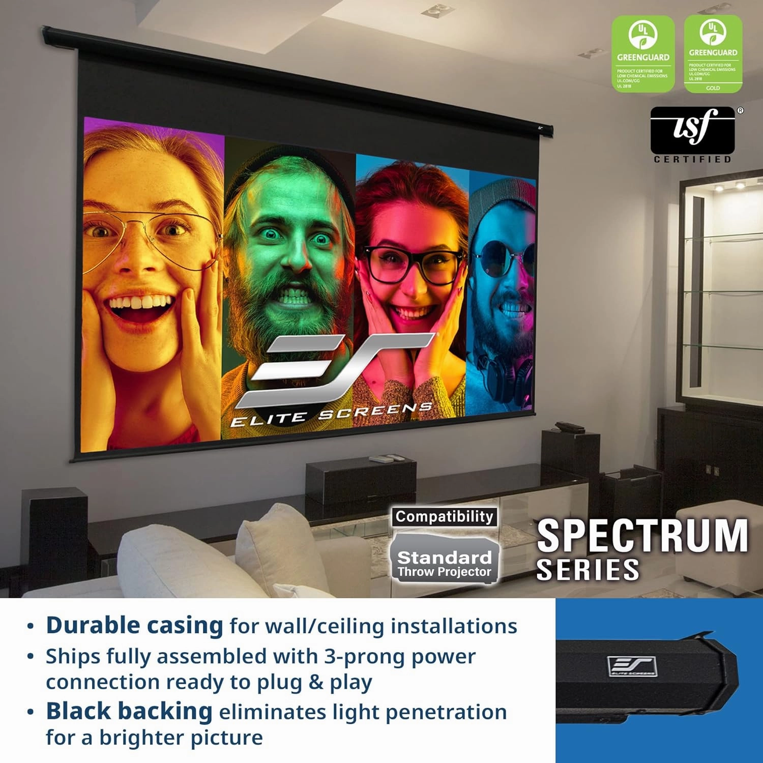 Projector Screen Elite Screens Spectrum RC1 Remote, 180-INCH Diag 16:9, Motorized Projection Screen Movie Home Theater 4K/8K Ultra HD Ready, ELECTRIC180H2