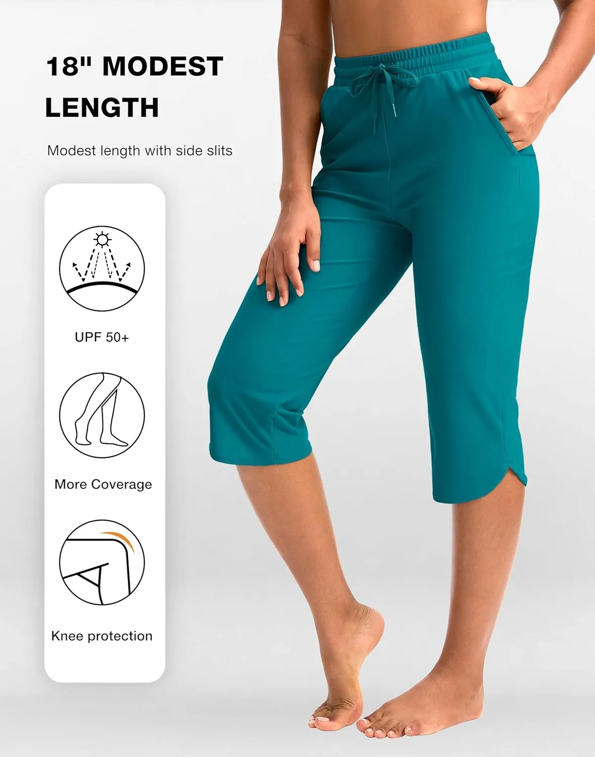 Pudolla Women's Swim Capris 18" Quick Dry UPF50  Swimsuit Pants Long Board Shorts for Women with Pockets