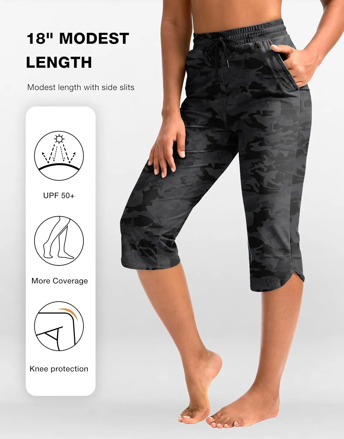 Pudolla Women's Swim Capris 18" Quick Dry UPF50  Swimsuit Pants Long Board Shorts for Women with Pockets