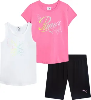 PUMA Girls' Active Shorts Set - 3 Piece Performance T-Shirt, Tank Top, Bike Shorts - Summer Athletic Outfit for Girls (7-14)