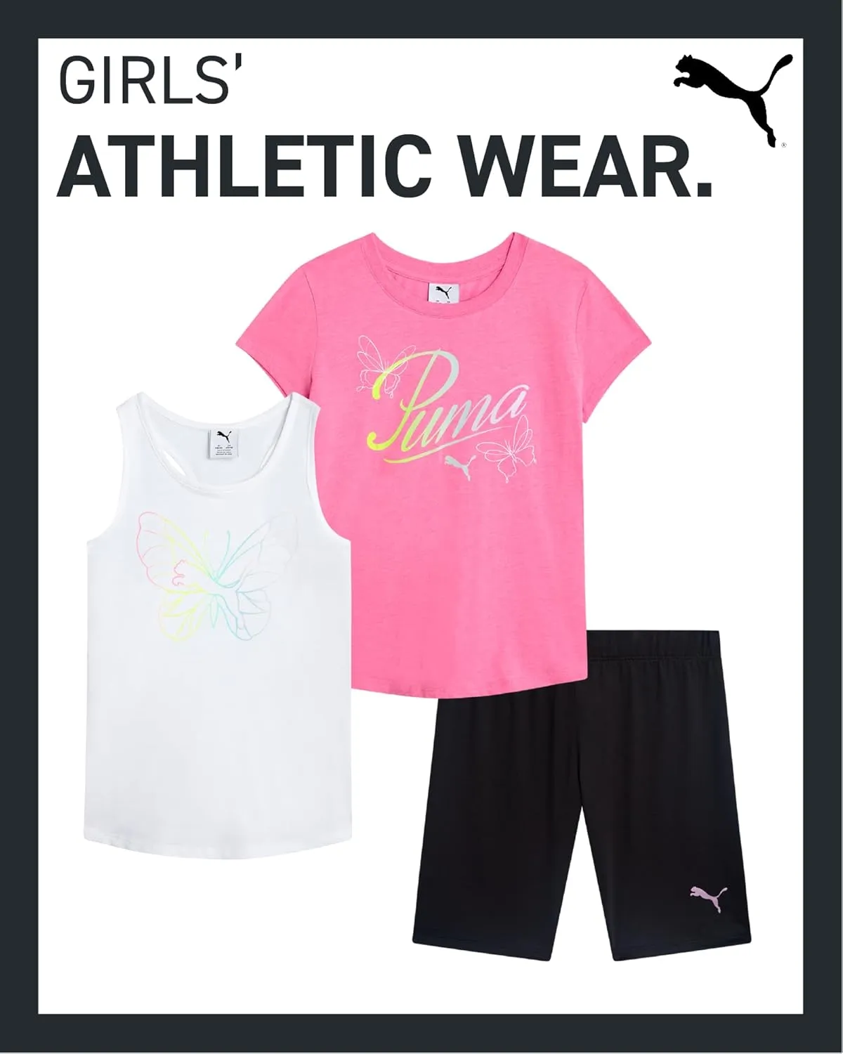 PUMA Girls' Active Shorts Set - 3 Piece Performance T-Shirt, Tank Top, Bike Shorts - Summer Athletic Outfit for Girls (7-14)