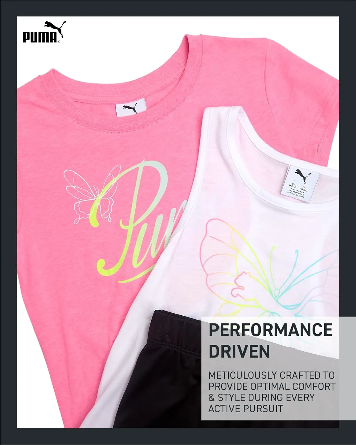 PUMA Girls' Active Shorts Set - 3 Piece Performance T-Shirt, Tank Top, Bike Shorts - Summer Athletic Outfit for Girls (7-14)
