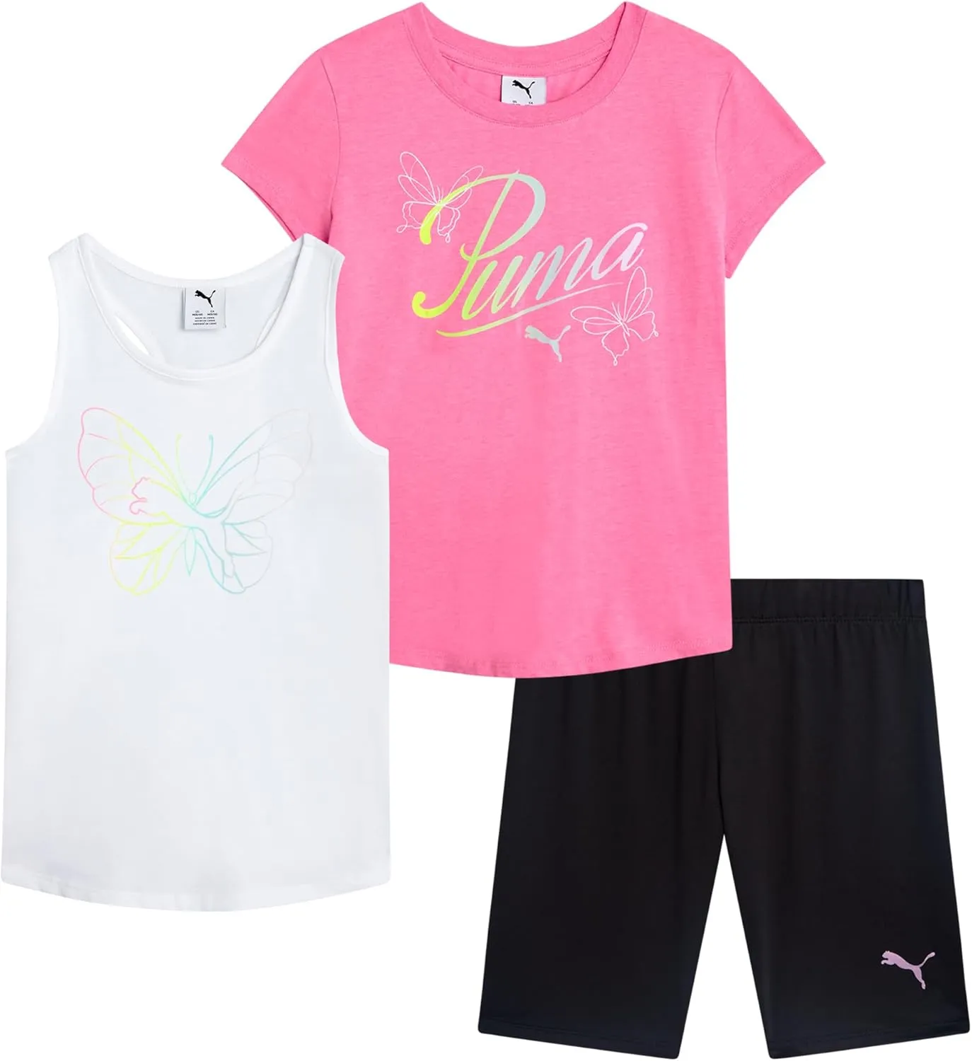 PUMA Girls' Active Shorts Set - 3 Piece Performance T-Shirt, Tank Top, Bike Shorts - Summer Athletic Outfit for Girls (7-14)