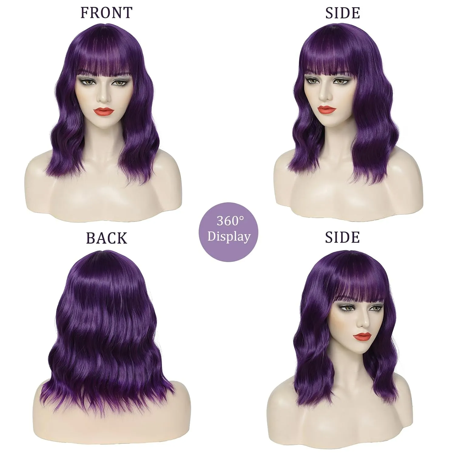 Purple Bob Wig- Dark Purple Short Loose Wavy Bob Wig with Bangs for Women Synthetic Colorful Cosplay Wig Halloween Costume Wigs for Girl
