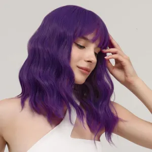 Purple Bob Wig- Dark Purple Short Loose Wavy Bob Wig with Bangs for Women Synthetic Colorful Cosplay Wig Halloween Costume Wigs for Girl