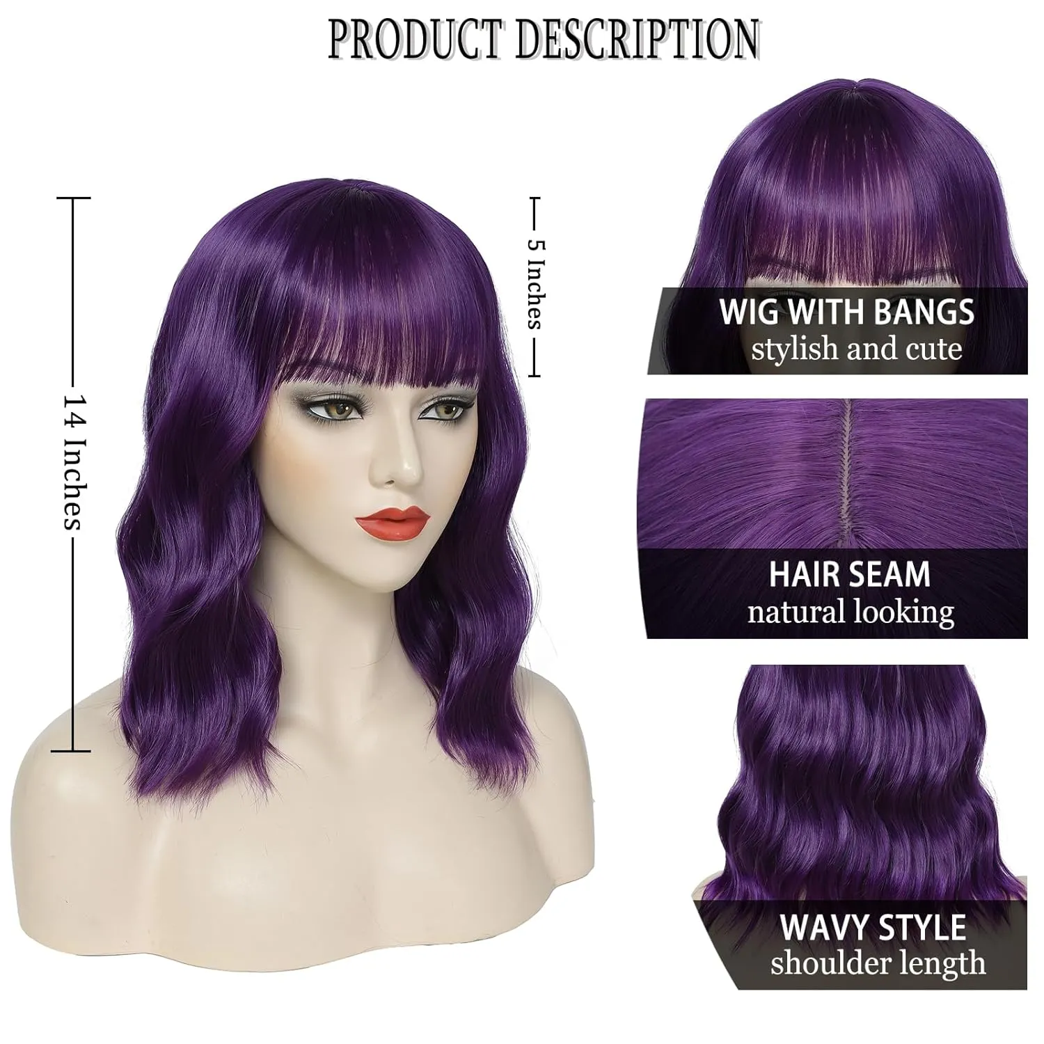 Purple Bob Wig- Dark Purple Short Loose Wavy Bob Wig with Bangs for Women Synthetic Colorful Cosplay Wig Halloween Costume Wigs for Girl