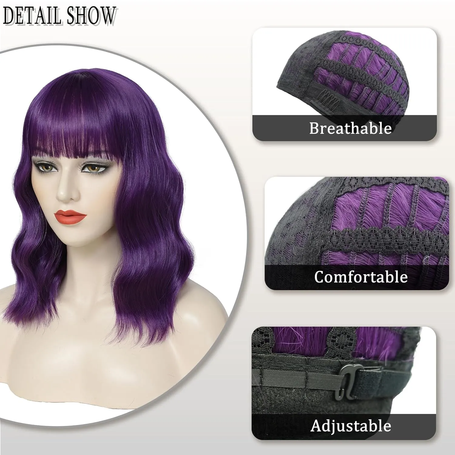 Purple Bob Wig- Dark Purple Short Loose Wavy Bob Wig with Bangs for Women Synthetic Colorful Cosplay Wig Halloween Costume Wigs for Girl