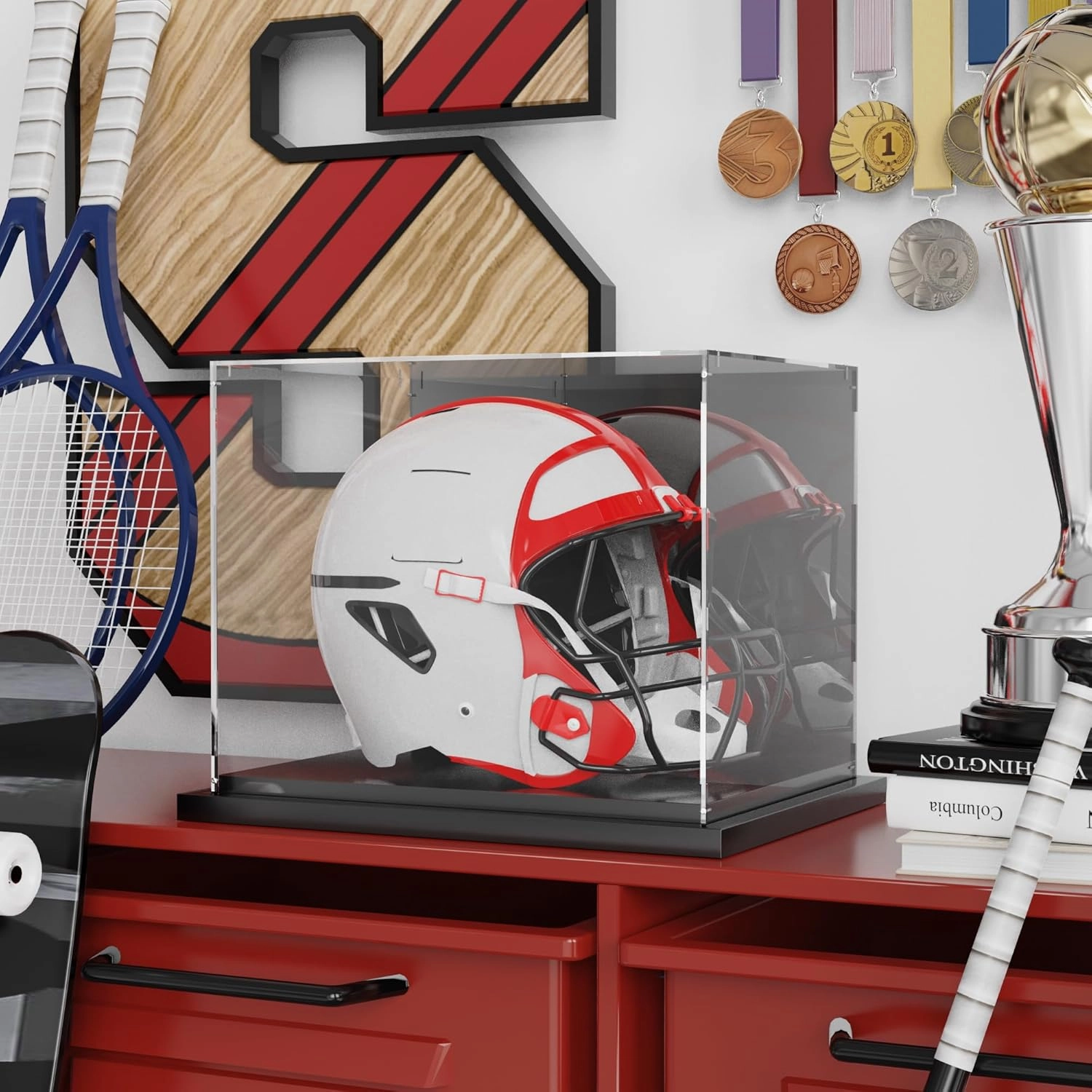 Putros Football Helmet Display Case Full Size with Mirror and Black Metal Grooved Base Clear Acrylic Helmet Showcase for Memorabilia Sports Collectibles